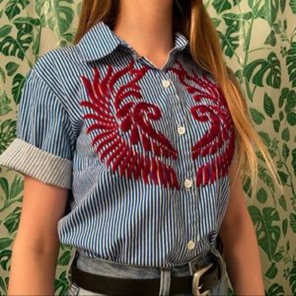 Anthropologie Hemant & Nandita Blue Stripe Button Down Shirt - Picture 3 of 6